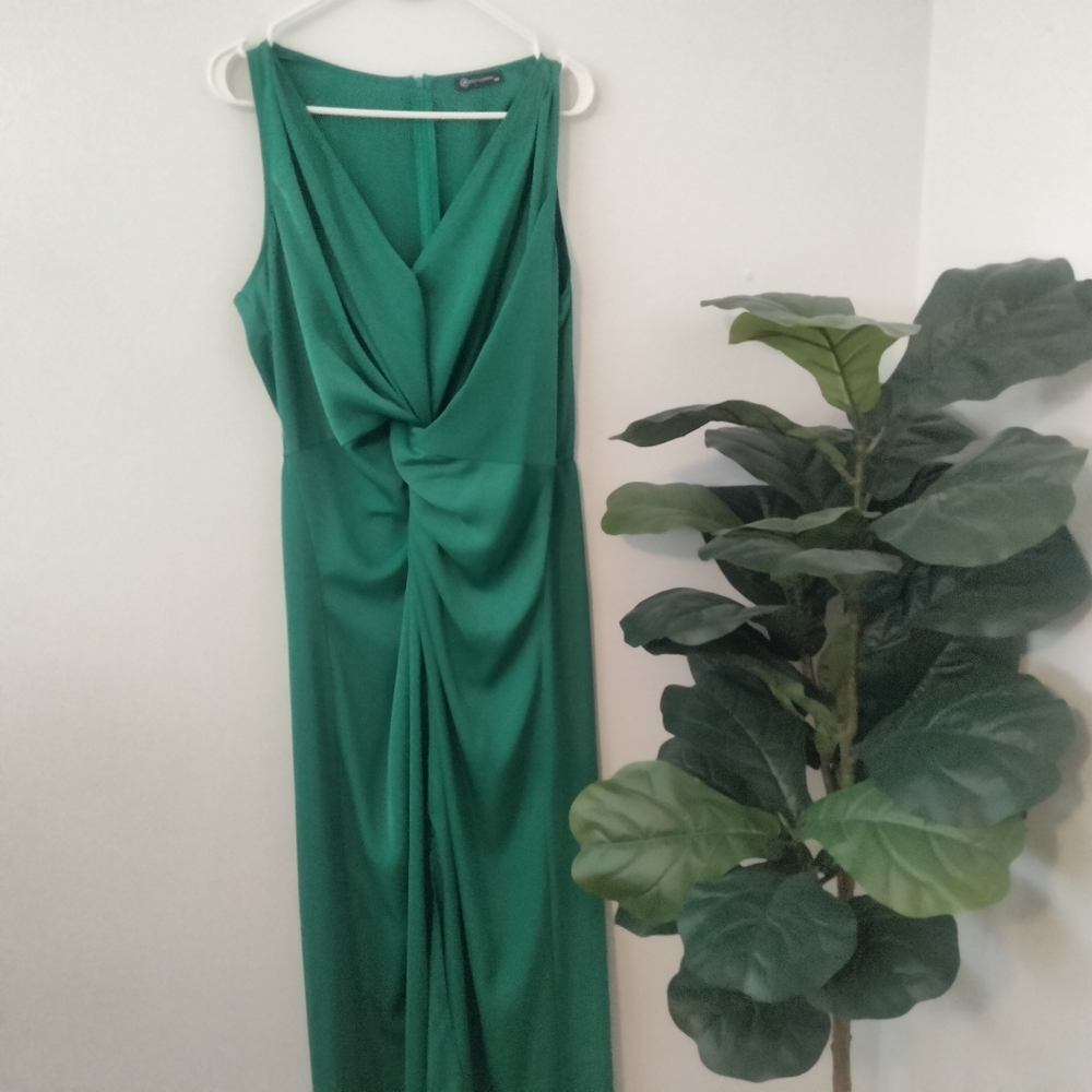 PrettyGarden Satin Ruched Bodycon Twist Front Vibrant Green Dress